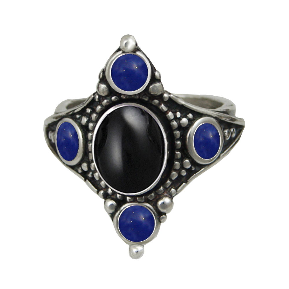 Sterling Silver Renaissance Queen's Ring With Black Onyx And Lapis Lazuli Size 10